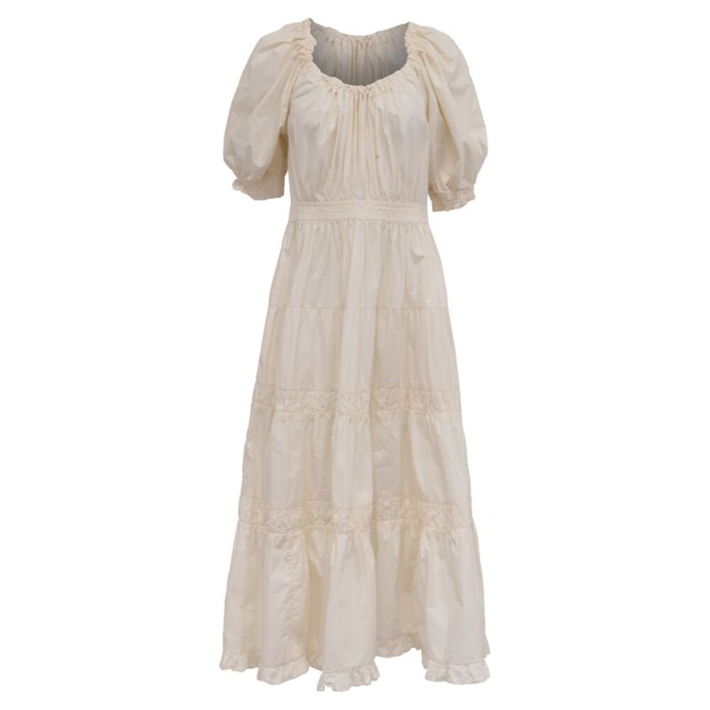 Ulla Johnson Puffed-Sleeve Midi Tiered Dress in Cream Cotton